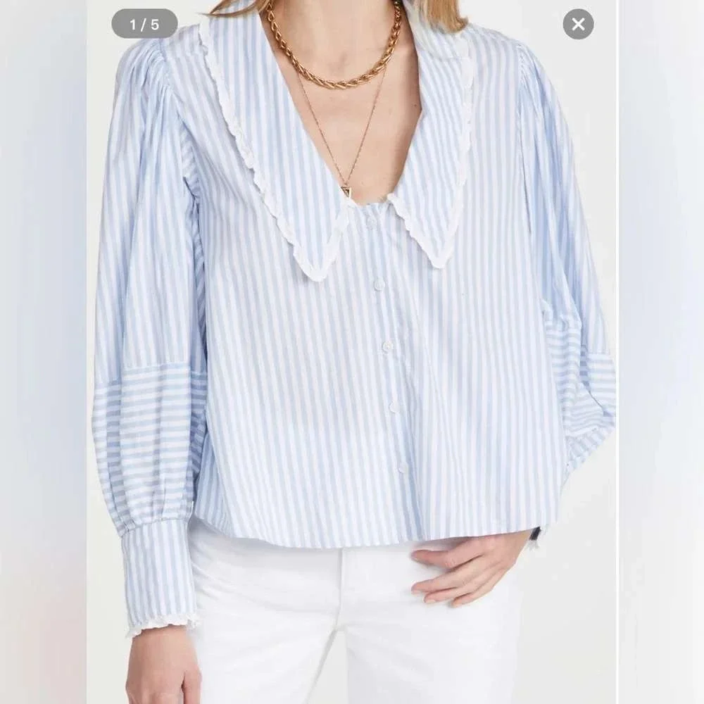 Free People Happy Days Pullover Blouse Striped‎ Oversized Collar Blue Size S